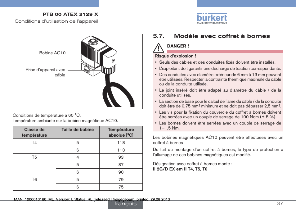 Modèle avec coffret à bornes | Burkert Type 6013 User Manual | Page 37 / 46