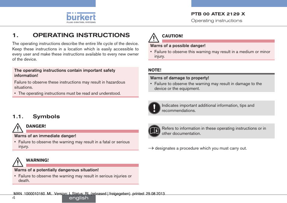 Operating instructions, Symbols | Burkert Type 6013 User Manual | Page 4 / 46