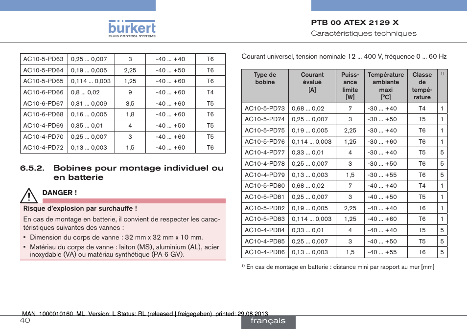Bobines pour montage individuel ou en batterie, Français | Burkert Type 6013 User Manual | Page 40 / 46