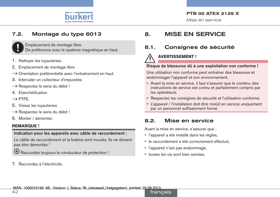 Montage du type 6013, Mise en service, Consignes de sécurité 8.2. mise en service | Burkert Type 6013 User Manual | Page 42 / 46