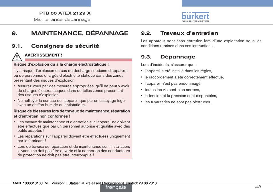Maintenance, dépannage | Burkert Type 6013 User Manual | Page 43 / 46