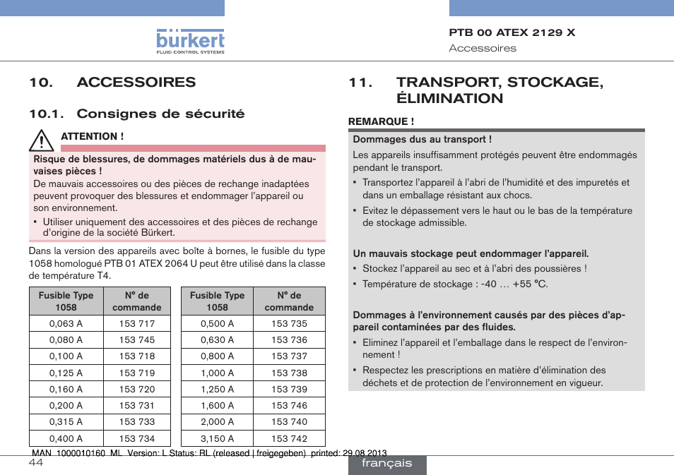Accessoires, Consignes de sécurité, Transport, stockage, élimination | Burkert Type 6013 User Manual | Page 44 / 46