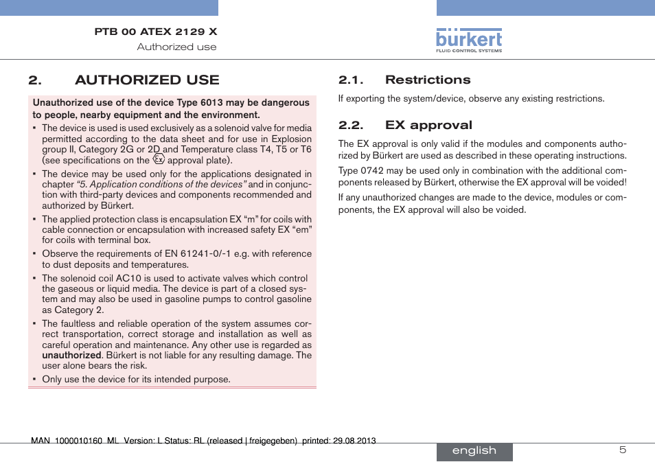 Authorized use, Restrictions 2.2. ex approval | Burkert Type 6013 User Manual | Page 5 / 46