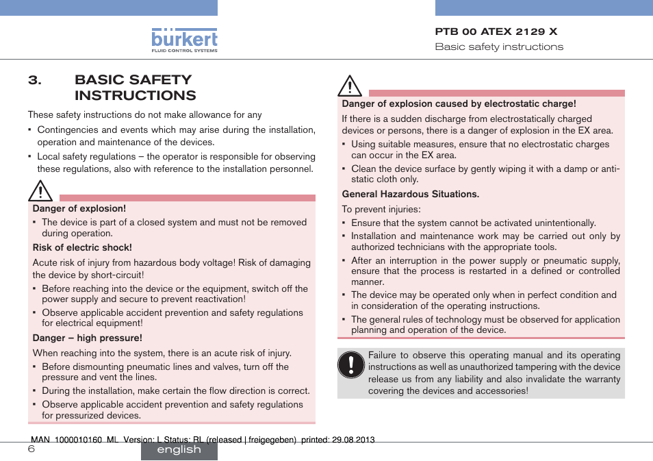 Basic safety instructions | Burkert Type 6013 User Manual | Page 6 / 46