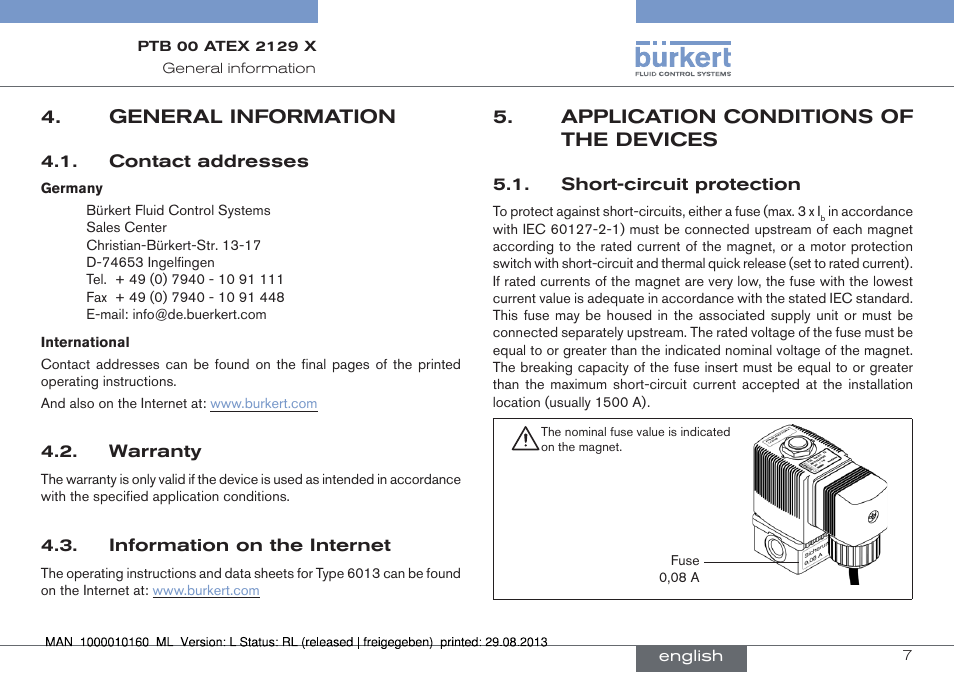 General information, Application conditions of the devices, Short-circuit protection | Burkert Type 6013 User Manual | Page 7 / 46