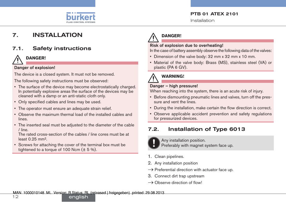 Installation | Burkert Type 6013 User Manual | Page 12 / 40