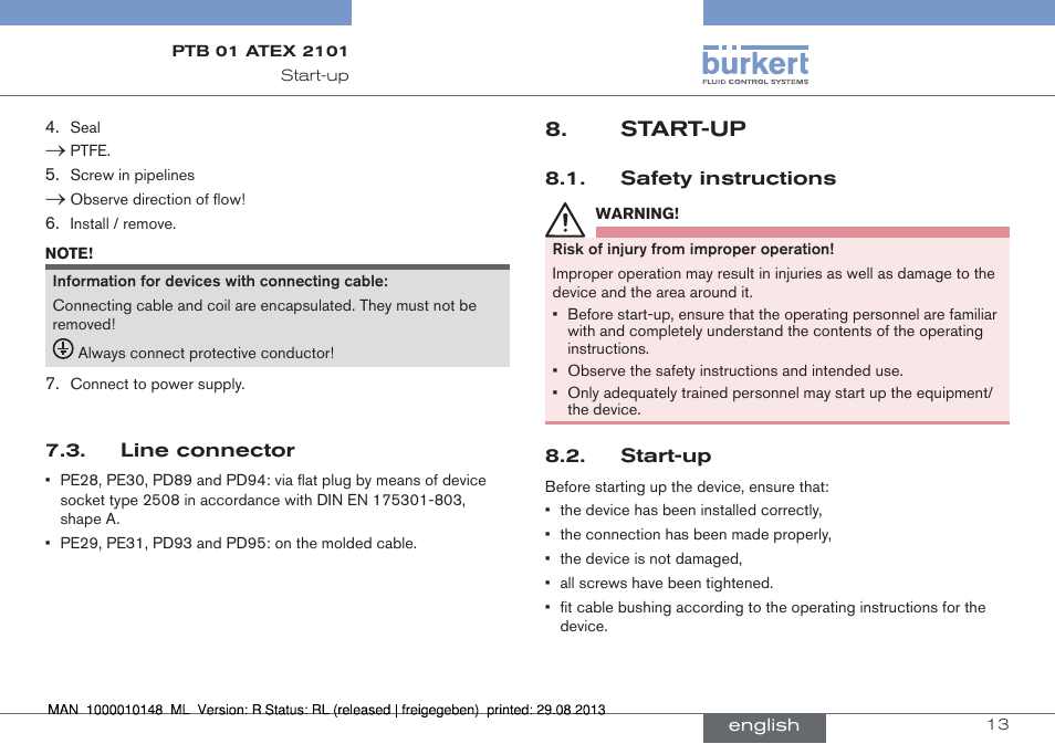 Start-up | Burkert Type 6013 User Manual | Page 13 / 40