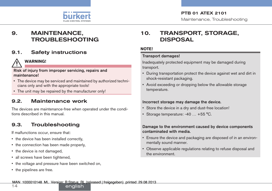 Maintenance, troubleshooting, Transport, storage, disposal | Burkert Type 6013 User Manual | Page 14 / 40