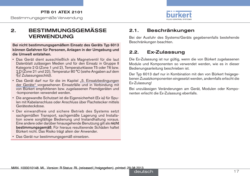 Bestimmungsgemässe verwendung | Burkert Type 6013 User Manual | Page 17 / 40