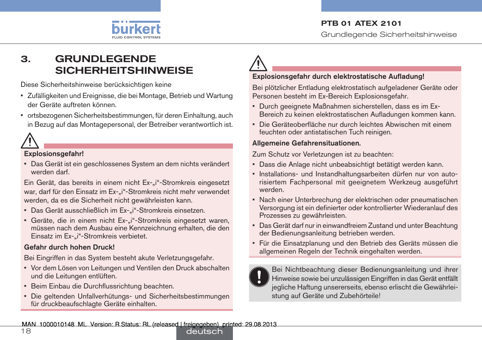 Grundlegende sicherheitshinweise | Burkert Type 6013 User Manual | Page 18 / 40