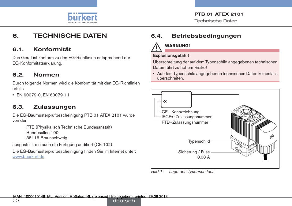 Technische daten | Burkert Type 6013 User Manual | Page 20 / 40