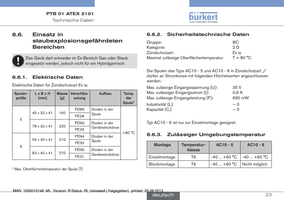 Einsatz in staubexplosionsgefährdeten bereichen | Burkert Type 6013 User Manual | Page 23 / 40
