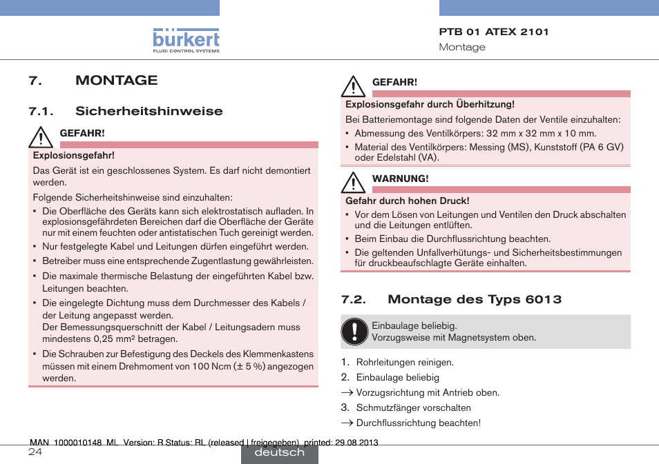 Montage | Burkert Type 6013 User Manual | Page 24 / 40