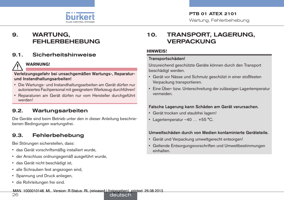 Wartung, fehlerbehebung, Transport, lagerung, verpackung | Burkert Type 6013 User Manual | Page 26 / 40