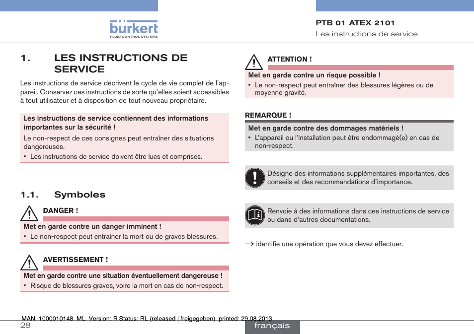 Les instructions de service | Burkert Type 6013 User Manual | Page 28 / 40