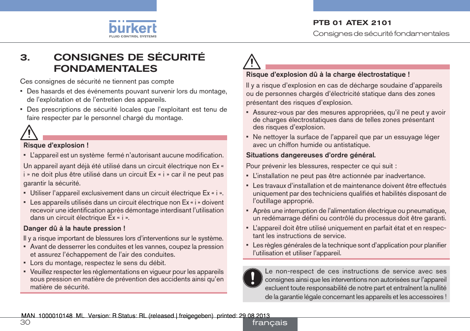 Consignes de sécurité fondamentales | Burkert Type 6013 User Manual | Page 30 / 40
