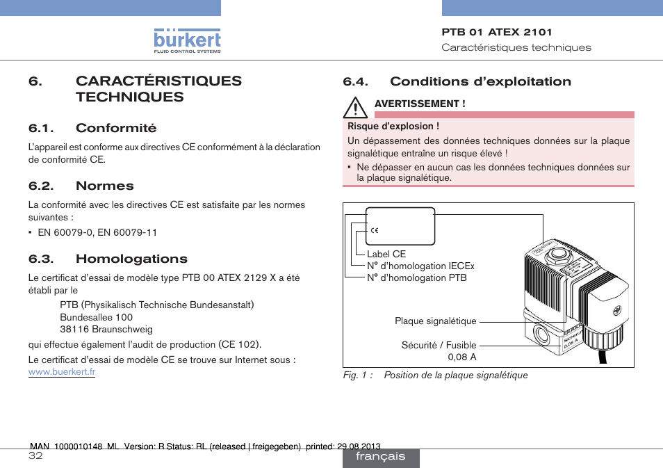 Caractéristiques techniques | Burkert Type 6013 User Manual | Page 32 / 40