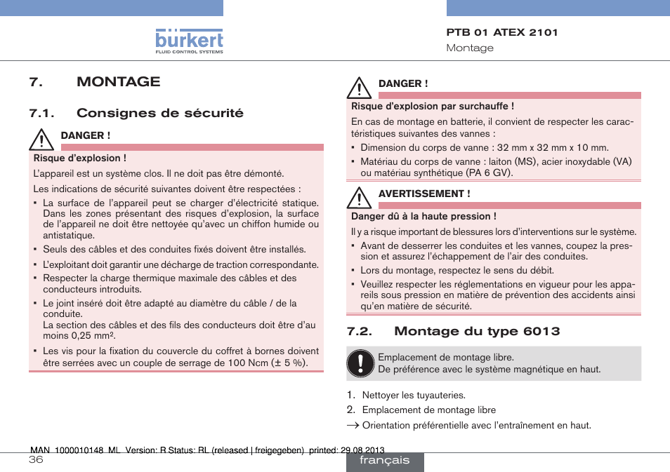 Montage | Burkert Type 6013 User Manual | Page 36 / 40