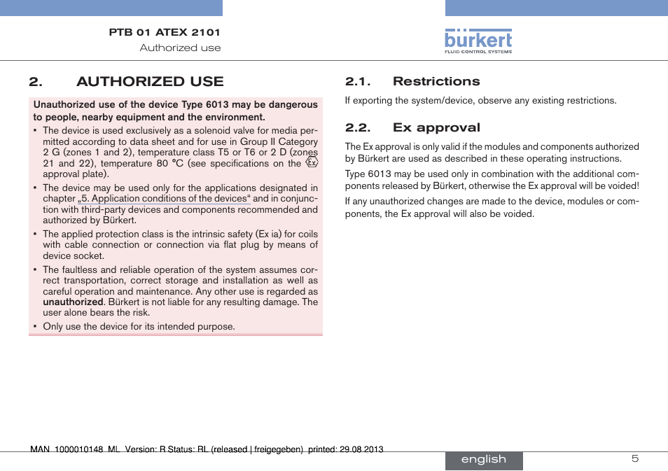 Authorized use | Burkert Type 6013 User Manual | Page 5 / 40