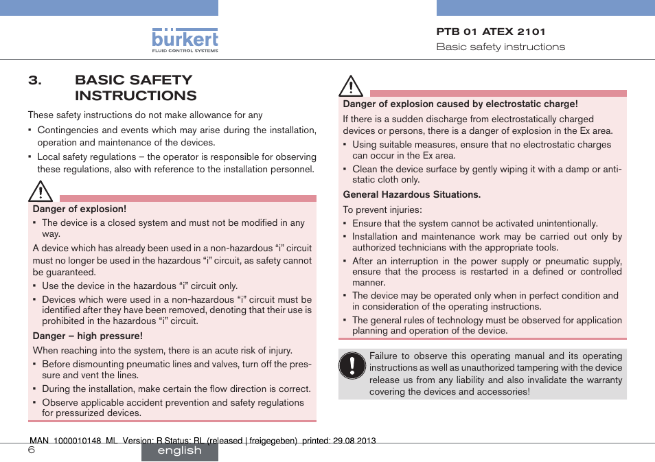 Basic safety instructions | Burkert Type 6013 User Manual | Page 6 / 40