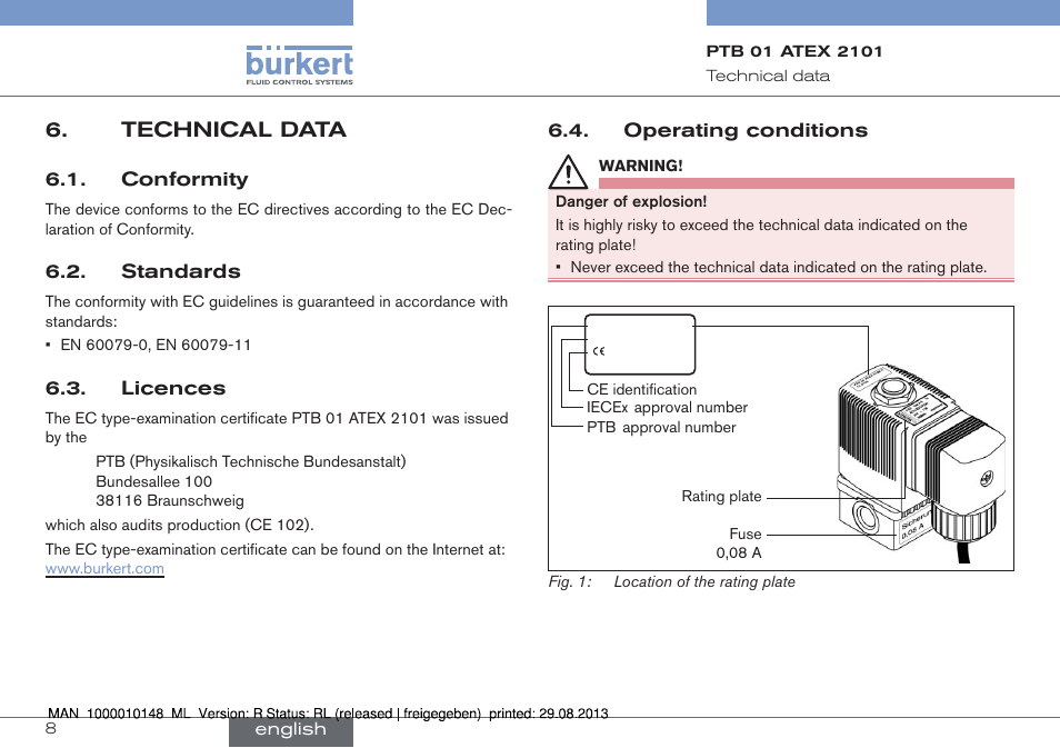 Technical data | Burkert Type 6013 User Manual | Page 8 / 40