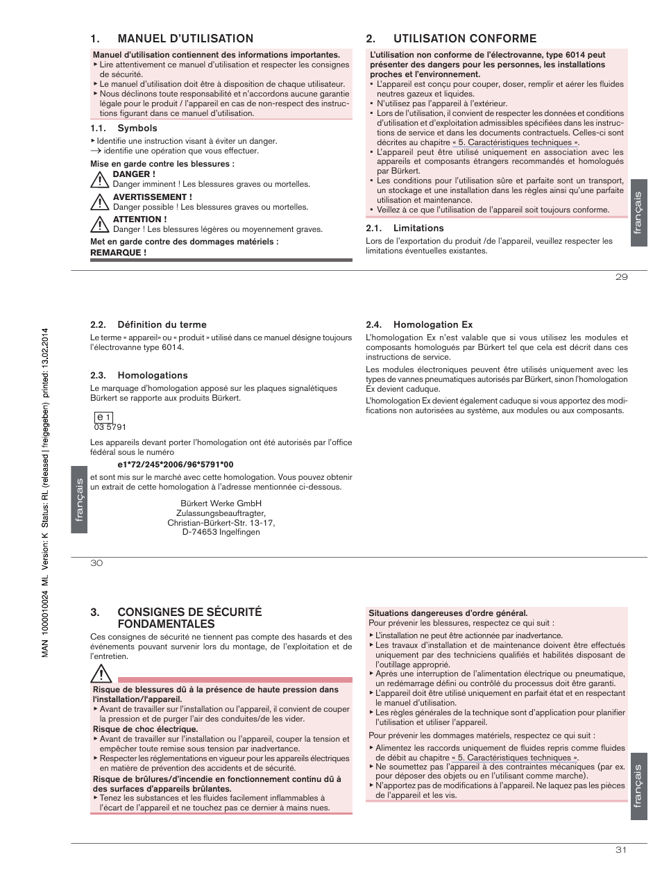 Manuel d’utilisation, Utilisation conforme, Consignes de sécurité fondamentales | Burkert Type 6014 User Manual | Page 14 / 18