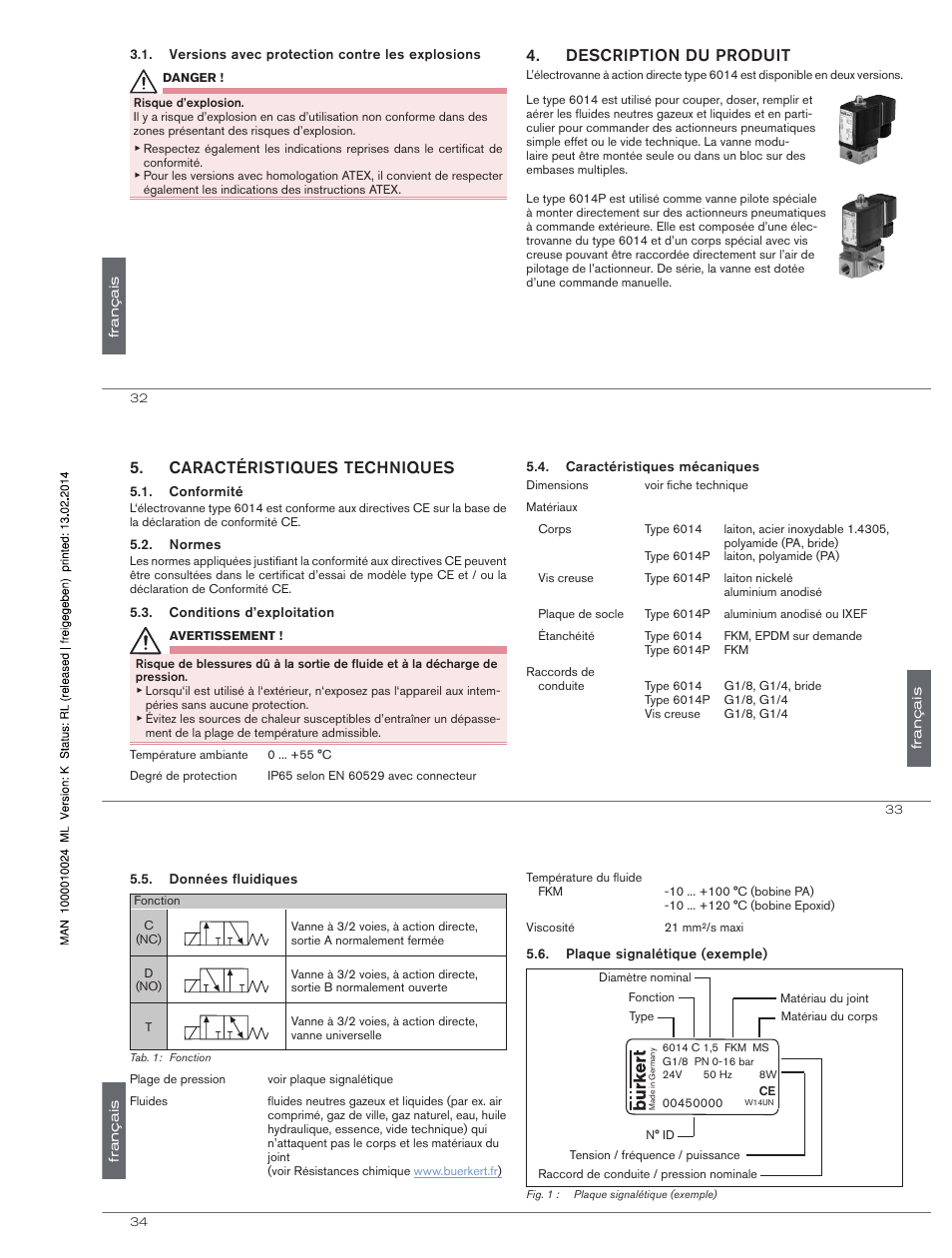 Description du produit, Caractéristiques techniques | Burkert Type 6014 User Manual | Page 15 / 18