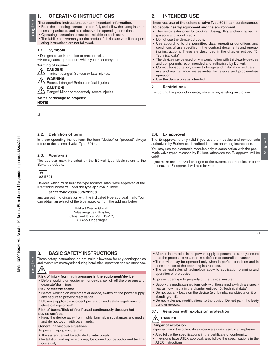 Operating instructions, Intended use, Basic safety instructions | Burkert Type 6014 User Manual | Page 2 / 18