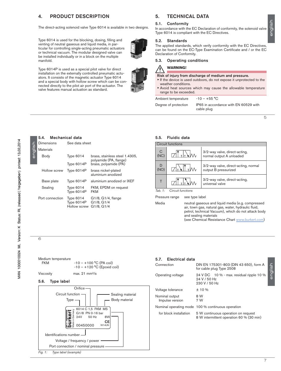 Product description, Technical data | Burkert Type 6014 User Manual | Page 3 / 18