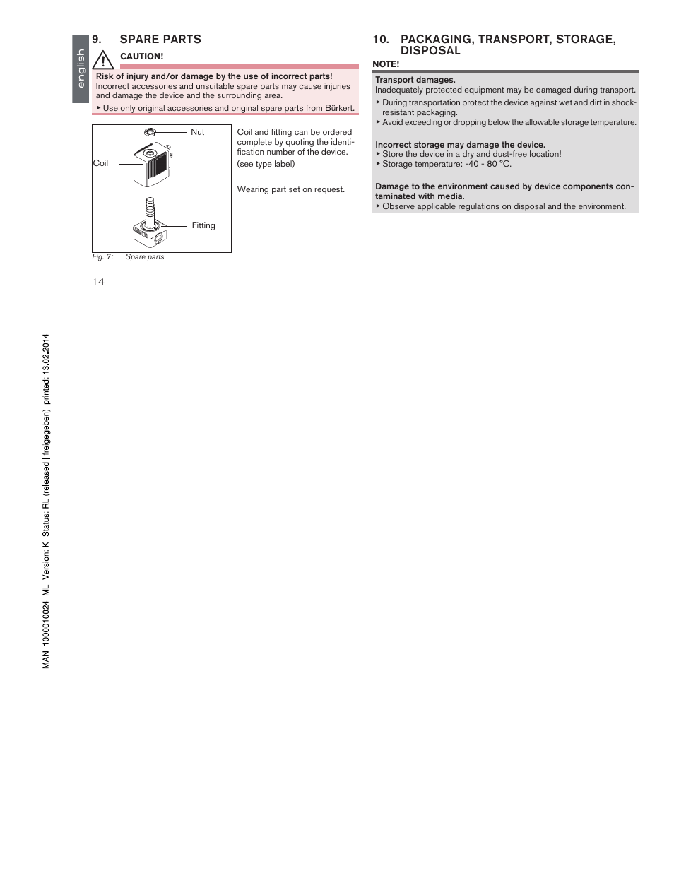 Spare parts, Packaging, transport, storage, disposal | Burkert Type 6014 User Manual | Page 6 / 18