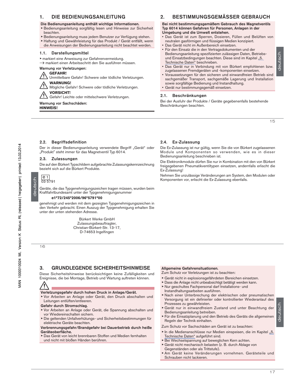 Die bedienungsanleitung, Bestimmungsgemässer gebrauch, Grundlegende sicherheitshinweise | Burkert Type 6014 User Manual | Page 8 / 18