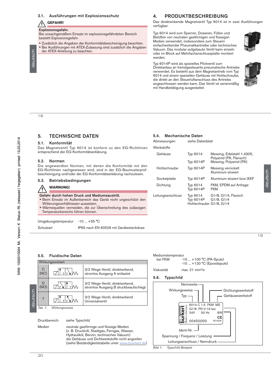 Produktbeschreibung, Technische daten | Burkert Type 6014 User Manual | Page 9 / 18