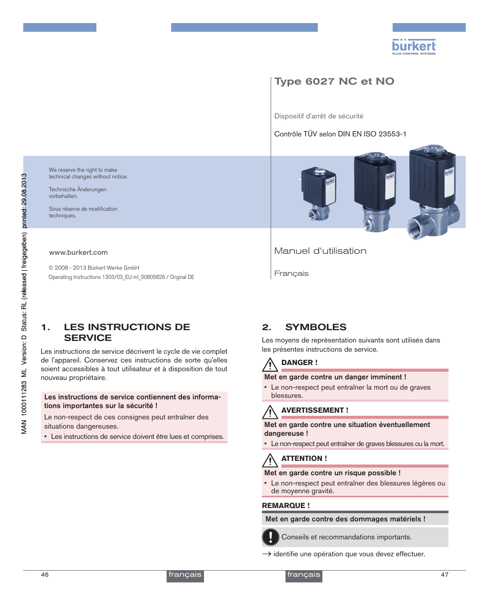 Francais, Type 6027 nc et no | Burkert Type 6027 User Manual | Page 13 / 18