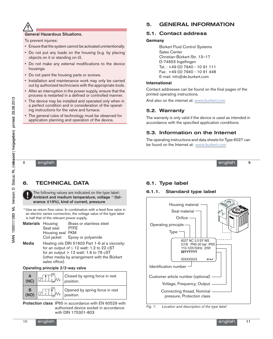 General information, Technical data | Burkert Type 6027 User Manual | Page 3 / 18