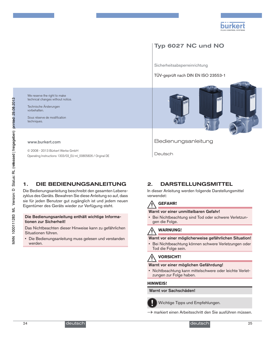 Deutsch, Typ 6027 nc und no | Burkert Type 6027 User Manual | Page 7 / 18