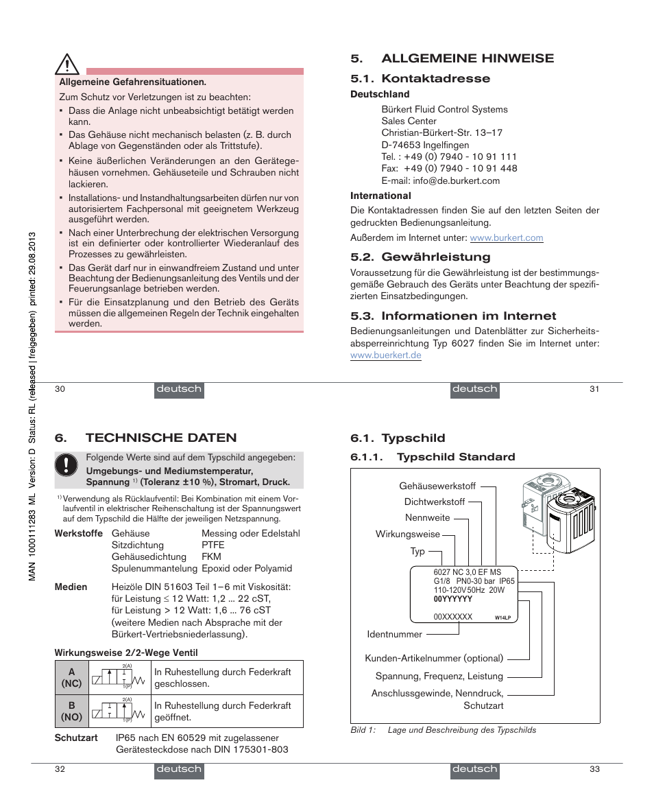 Allgemeine hinweise, Technische daten | Burkert Type 6027 User Manual | Page 9 / 18