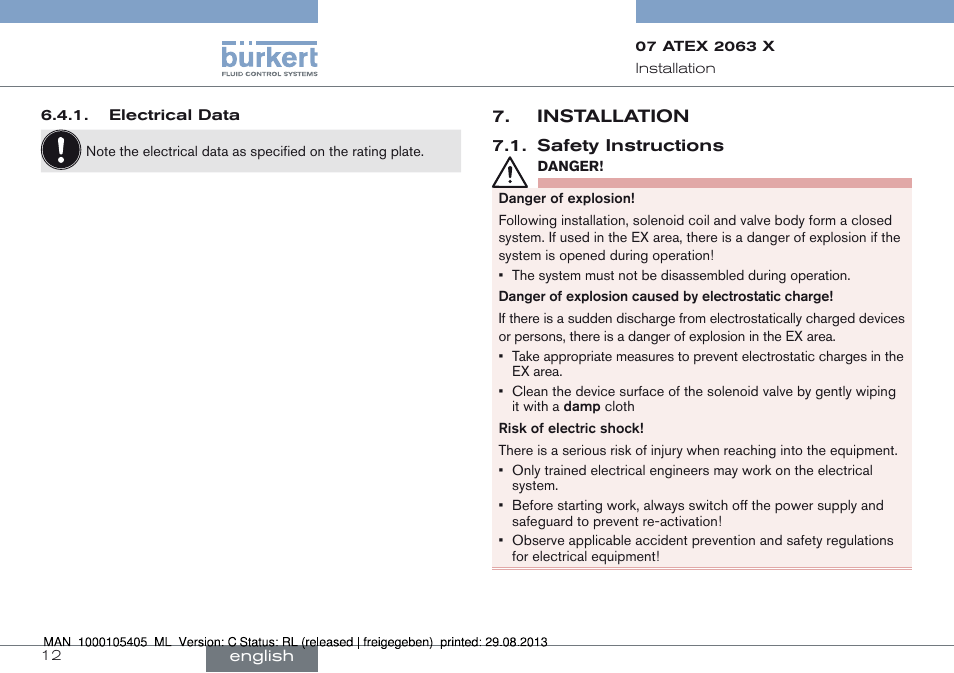 Installation, Safety instructions | Burkert Type 6027 User Manual | Page 12 / 46