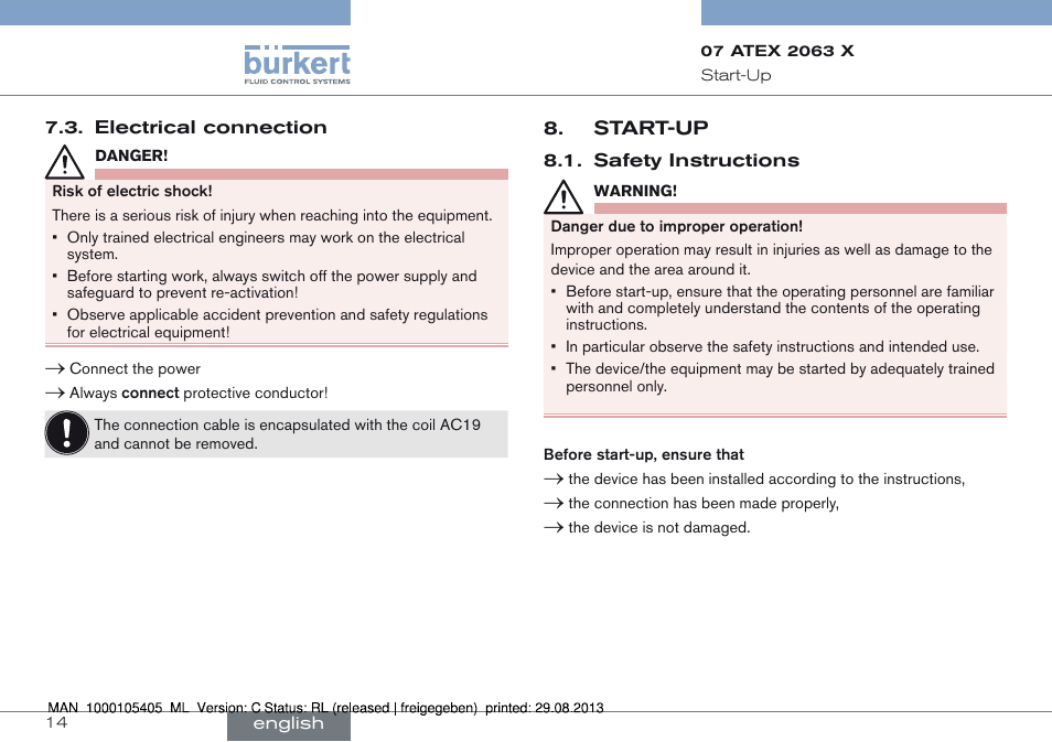 Electrical connection, Start-up, Safety instructions | Burkert Type 6027 User Manual | Page 14 / 46