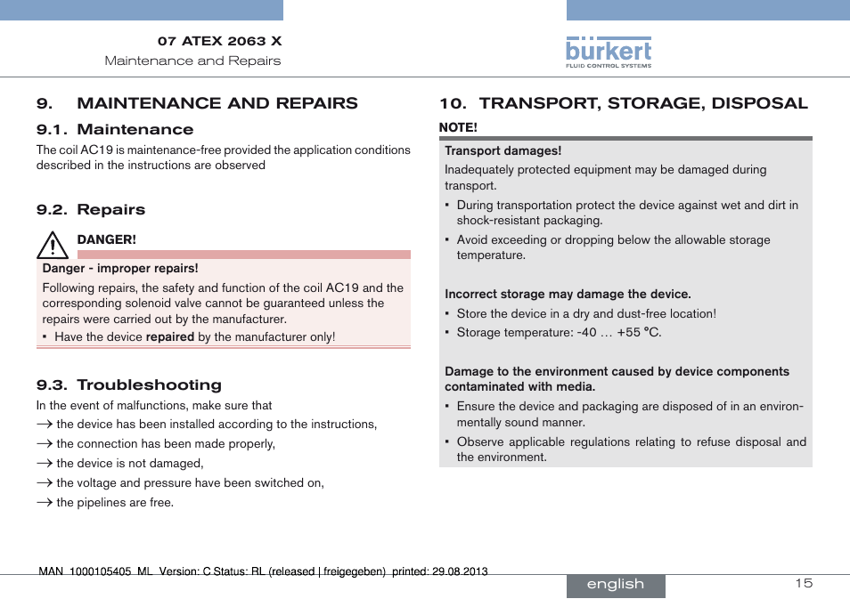 Maintenance and repairs, Maintenance 9.2. repairs 9.3. troubleshooting, Transport, storage, disposal | Burkert Type 6027 User Manual | Page 15 / 46