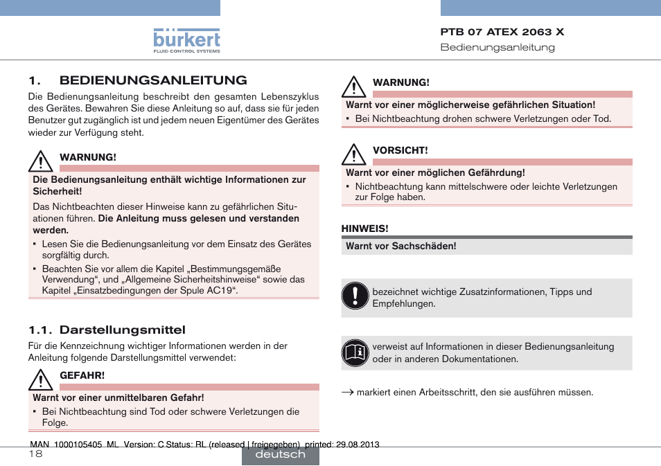 Bedienungsanleitung, Darstellungsmittel | Burkert Type 6027 User Manual | Page 18 / 46