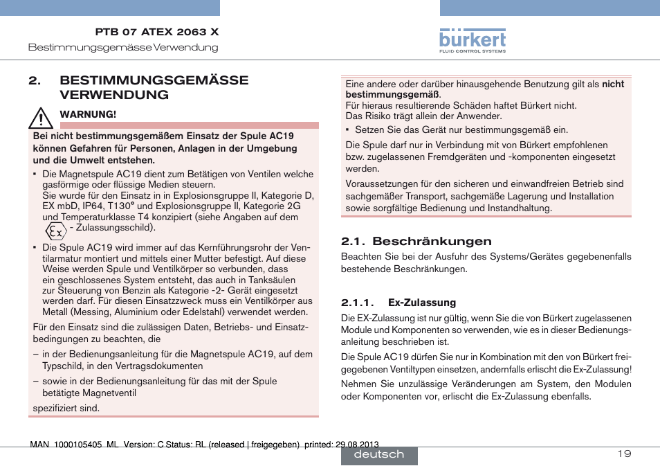 Bestimmungsgemässe verwendung, Beschränkungen | Burkert Type 6027 User Manual | Page 19 / 46