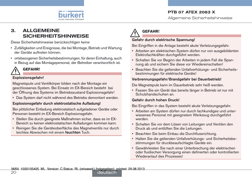 Allgemeine sicherheitshinweise | Burkert Type 6027 User Manual | Page 20 / 46