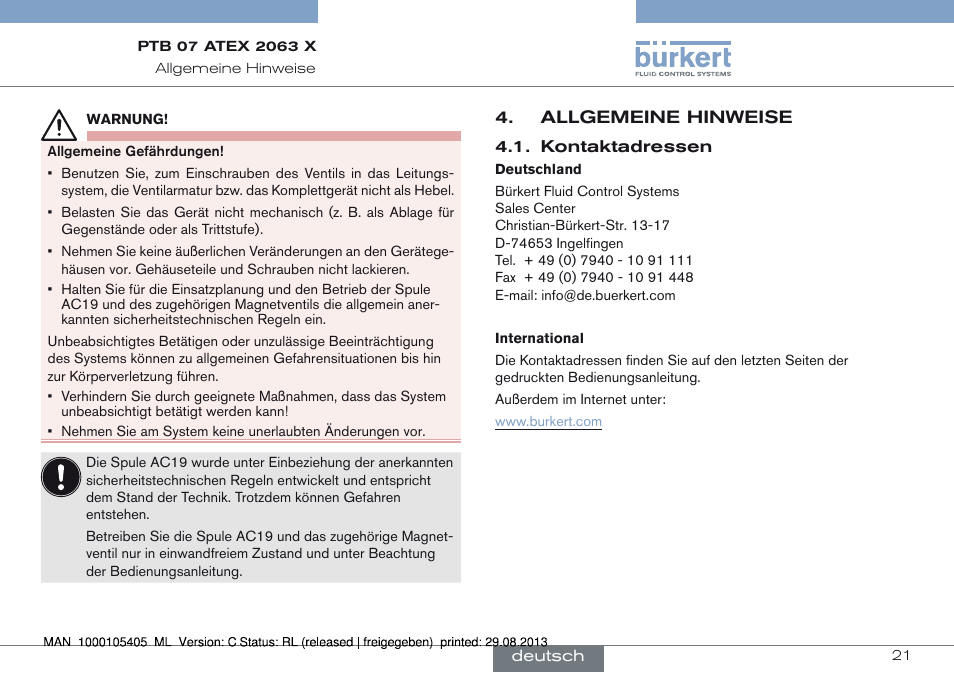 Allgemeine hinweise, Kontaktadressen | Burkert Type 6027 User Manual | Page 21 / 46