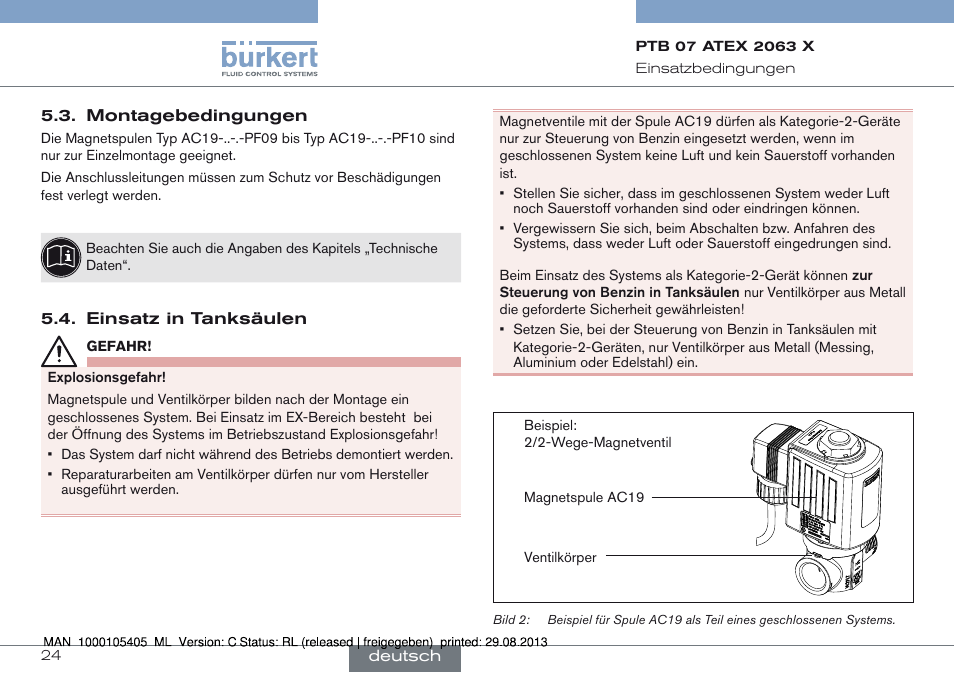 Montagebedingungen 5.4. einsatz in tanksäulen | Burkert Type 6027 User Manual | Page 24 / 46