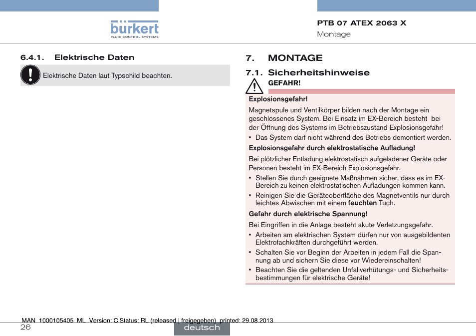 Montage, Sicherheitshinweise | Burkert Type 6027 User Manual | Page 26 / 46