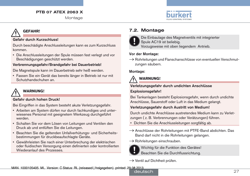 Montage | Burkert Type 6027 User Manual | Page 27 / 46