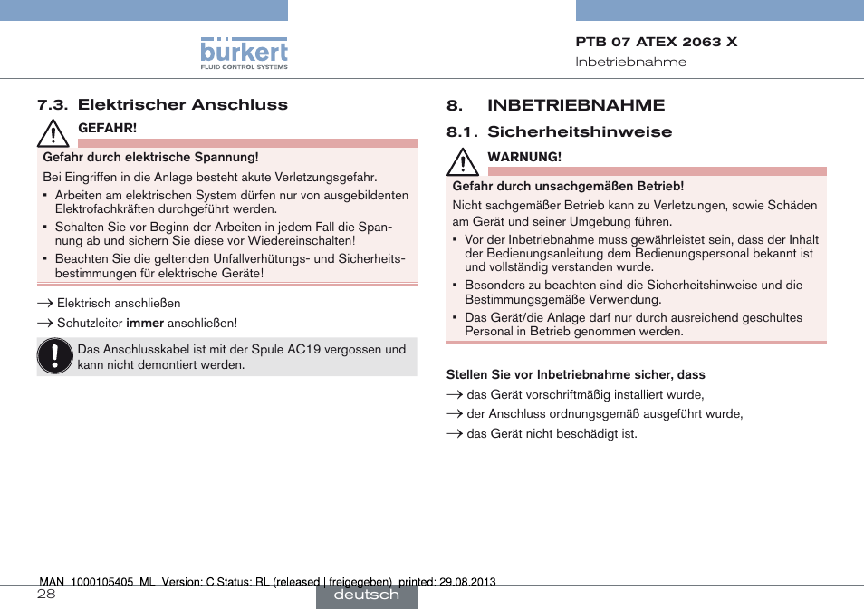 Elektrischer anschluss, Inbetriebnahme, Sicherheitshinweise | Burkert Type 6027 User Manual | Page 28 / 46