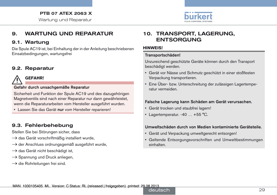 Wartung und reparatur, Wartung 9.2. reparatur 9.3. fehlerbehebung, Transport, lagerung, entsorgung | Burkert Type 6027 User Manual | Page 29 / 46