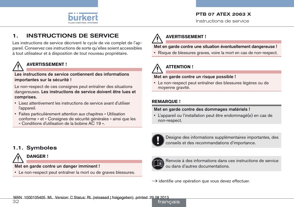 Instructions de service, Symboles | Burkert Type 6027 User Manual | Page 32 / 46