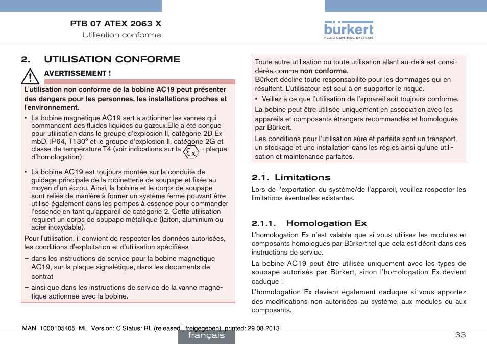Utilisation conforme, Limitations | Burkert Type 6027 User Manual | Page 33 / 46